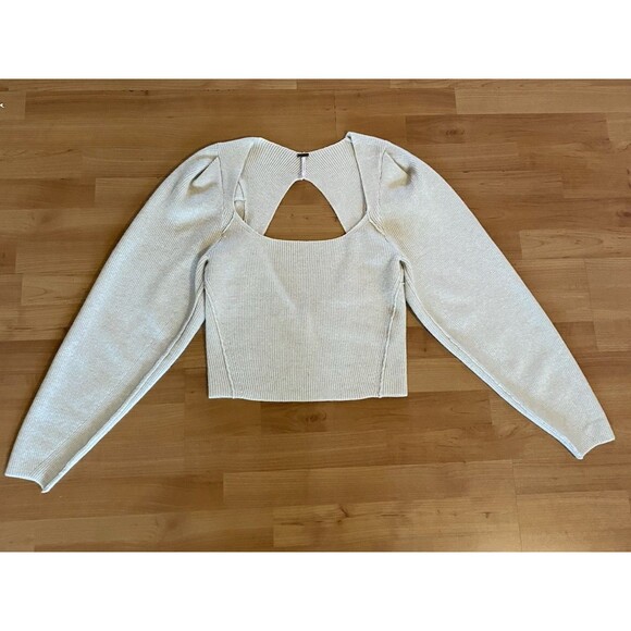 Free People "Saffron" Sweater Size  Small Ivory Puff Sleeve‎ Open Cut Out Back - Picture 2 of 10